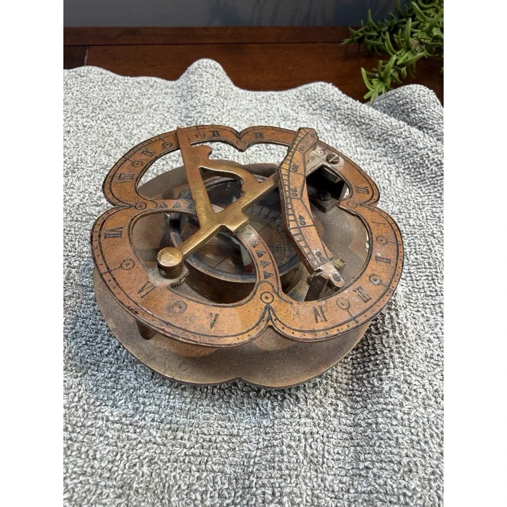 Large Antique Nautical Brass Copper Sundial Compass W/ Rosewood Inlay Box